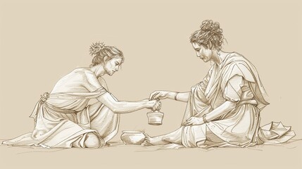 Anointing of Jesus at Bethany, Mary Pouring Perfume on Jesus Feet, Biblical Illustration, Beige Background, Copyspace