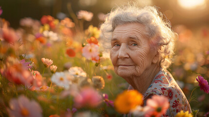Elderly woman surrounded by vibrant wildflowers, feeling relaxed and happy