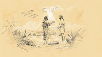 Baptism of Jesus by John in Jordan River, Heavens Opening, Spirit Descending as Dove, Biblical Illustration, Beige Background, Copyspace