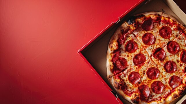 Tasty pepperoni pizza in a box against a red backdrop with room for text