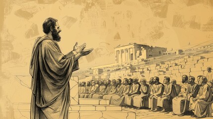 Fototapeta premium Paul Preaching at Mars Hill in Athens, Areopagus and Curious Athenians Listening, Biblical Illustration, Beige Background, Copyspace