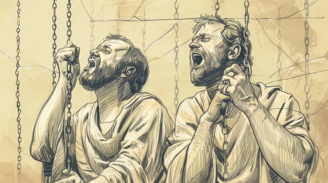 Paul and Silas Singing in Philippian Jail, Earthquake Breaking Chains, Biblical Illustration, Beige Background, Copyspace