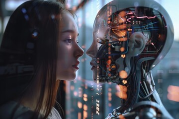Fototapeta premium A woman stands by a robot on a street in the city