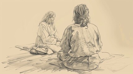 Obraz premium Mary Sitting at Jesus Feet, Listening to His Teaching, Martha Busy in Background, Biblical Illustration, Beige Background, Copyspace