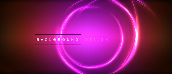 Neon glowing circle rays, light round lines in the dark, planet style neon wave lines. Energetic electric concept design for wallpaper, banner, background