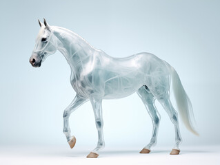 A Horse With A Semi-transparent Skeleton Showcasing A Detailed, Glowing Skeletal Structure On A Clean Pastel Light And White Isolated Background For Commercial Photograph