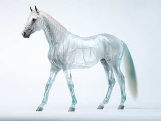 A Horse With A Semi-transparent Skeleton Showcasing A Detailed, Glowing Skeletal Structure On A Clean Pastel Light And White Isolated Background For Commercial Photograph