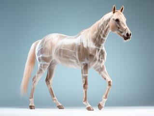 Obraz premium A Horse With A Semi-transparent Skeleton Showcasing A Detailed, Glowing Skeletal Structure On A Clean Pastel Light And White Isolated Background For Commercial Photograph