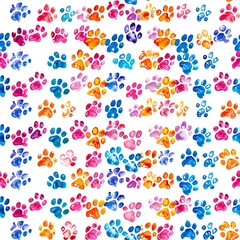 Delightful arrangement of colorful paw prints on a white background, ideal for children's book illustrations or playful fabric designs