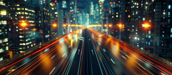 Fototapeta premium Trail lights from highway and light reflection from buildings in mega city at night.