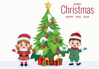 Greeting card with cute kids in Christmas costumes, dressed up Christmas tree and presents Holiday characters in winter season. Christmas, New Year. Vector. Greeting card.
