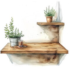 Watercolor illustration of wooden shelves with potted plants and coffee cup, rustic decor idea for cozy interior design.