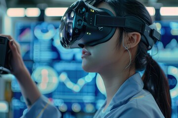 Close-up of an Asian engineer using virtual reality to analyze data