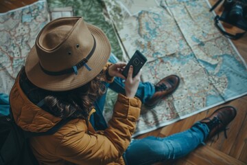 Lost woman traveler making phone call asking for help while looking at the map. Travel problem and lost concept