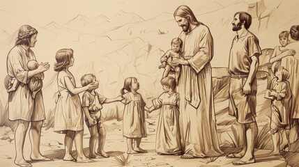 Fototapeta premium Jesus Blessing the Children, Parents Bringing Little Ones, Disciples Watching, Biblical Illustration, Beige Background, Copyspace
