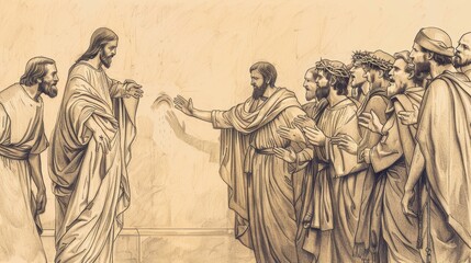 Fototapeta premium Jesus Before Pontius Pilate, Pilate Washing Hands, Crowd Shouting for Crucifixion, Biblical Illustration, Beige Background, Copyspace