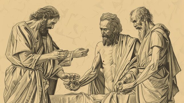 Biblical Illustration of Jesus Healing a Man with Shriveled Hand on Sabbath, Pharisees Watching, Beige Background, Copyspace