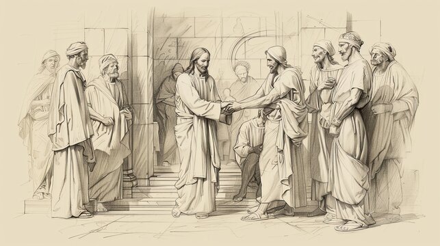 Jesus Healing Man with Dropsy on Sabbath, Pharisees Watching Closely, Biblical Illustration, Beige Background, Copyspace