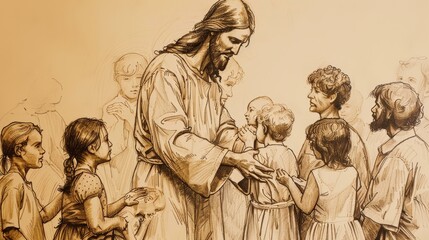 Jesus Blessing the Children, Parents Bringing Little Ones, Disciples Watching, Biblical Illustration, Beige Background, Copyspace