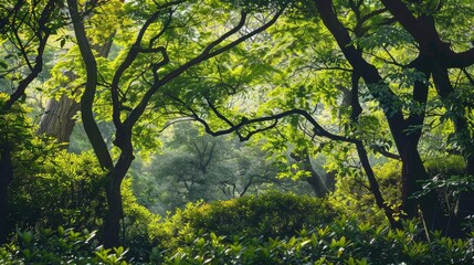 Fototapeta premium Natural setting with trees branches and vibrant green foliage set against a serene backdrop