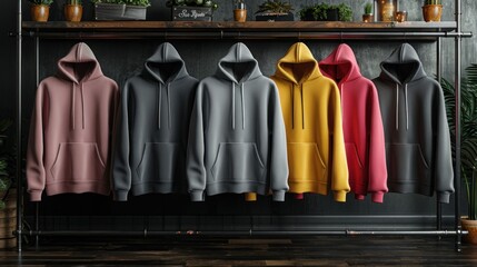 Create a detailed blank hoodie mockup hanging on a clothing rack with multiple lighting angles