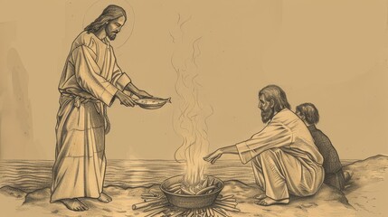 Obraz premium Jesus at Sea of Tiberias After Resurrection, Cooking Fish on Fire for Disciples, Biblical Illustration, Beige Background, Copyspace