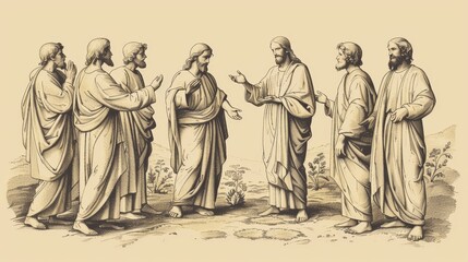 Fototapeta premium Biblical Illustration of Jesus Explaining Parable of Sower to Disciples, Different Types of Soil, Beige Background, Copyspace