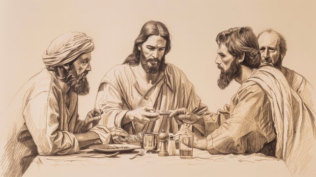 Biblical Illustration of Jesus Dining with Sinners and Tax Collectors, Mission to Save the Lost, Pharisees Looking On, Beige Background, Copyspace