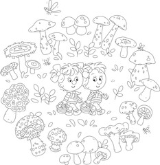 Funny little girl and boy mushroomers walking with baskets and gathering edible mushrooms on a pretty forest glade on a summer vacation, black and white vector cartoon illustration for a coloring book