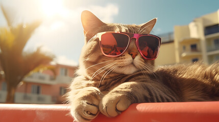 A cat with fashion sunglasses is lying on the roof traveling at the beach, Cool Cat on the Coast: Stylishly Sunbathing with Sunglasses on the Roof