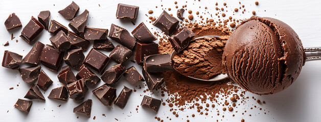 Wide banner photo of delicious scoop of brown color chocolate ice cream sorbet on an icecream cup with chocolate pieces and powder around in white background