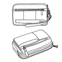 Technical sketch drawing vector Illustration of clutch bag line art, suitable for your custom men's bag design, outline vector doodle illustration  front and isometric view isolated on white 