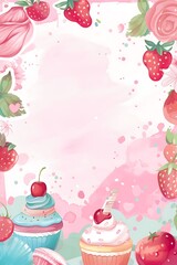 Naklejka premium Pastel Girly Invitation Template with Cute Cartoon Illustrations and Blank Space in Center for Customization