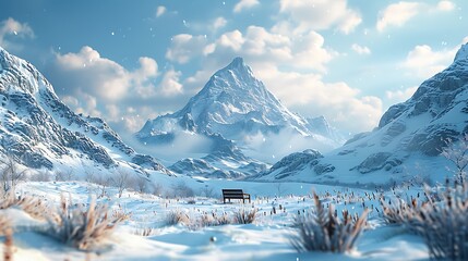 A snowy landscape with a mountain in the background