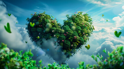 Green energy in the shape of a heart, sustainable industry. Landscape of a green forest in the shape of a heart. Ecology concept, love of nature.