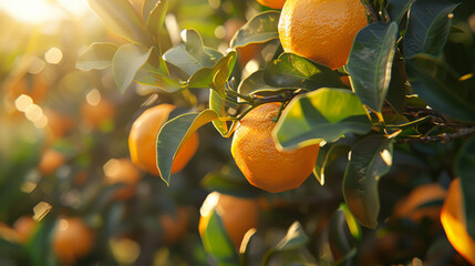 Close-up of ripe oranges growing in an orange grove. A bunch of orange trees. Fruit, gardening concept.