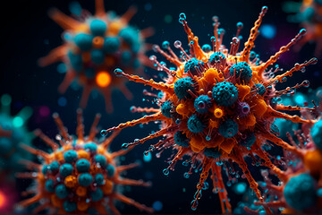 Macro View of Vibrant Virus Structure in Microbiology orange and blue