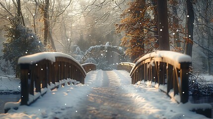 A snow-covered bridge in a forest