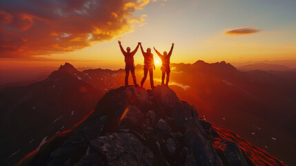 Rear view of a group of three people standing on top of a mountain at sunset. Young friends celebrate victory after hiking in the mountains. Adventure and travel concept. Active lifestyle. - Powered by Adobe