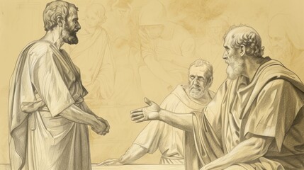 Biblical Illustration of Stoning of Stephen with Saul Watching, Heaven Opening, Beige Background, Copyspace