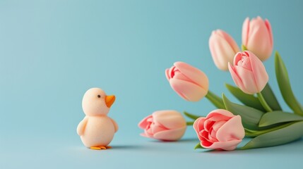 Duck and Pink Tulips on Blue Background