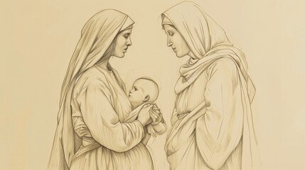 Biblical Illustration of Visitation of Mary to Elizabeth, Baby Leaping in Womb, Beige Background, Copyspace