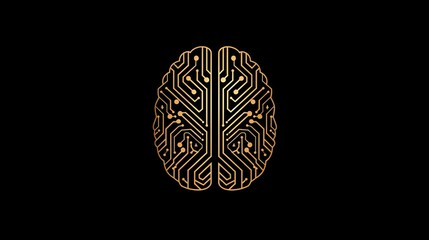Vector logo of human brain made from circuit board, graphic design, black background, golden lines, front view, artificial intelligence concept, copy space