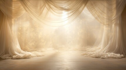 A flowing curtain of sheer fabric illuminated by soft sunlight