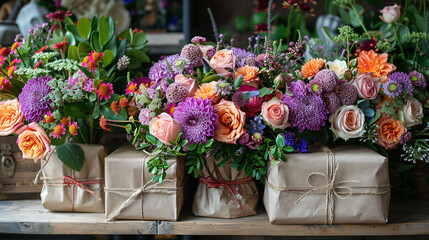 Fresh bouquet of flowers and wrapped gifts for an anniversary celebration