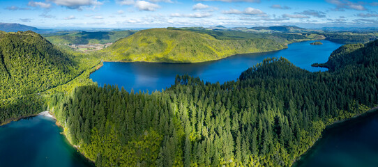 Aerial: Scenic Blue and green lakes, Rotorua, New Zealand