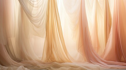 A flowing curtain of sheer fabric illuminated by soft sunlight