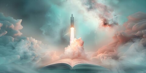 A Rocket Emerging from the Pages of a Book. Concept Fantasy, Bookish, Rocket Launch, Imagination, Creative Concept