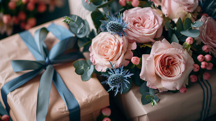 Obraz premium Fresh flowers and wrapped presents arranged elegantly on a flat surface