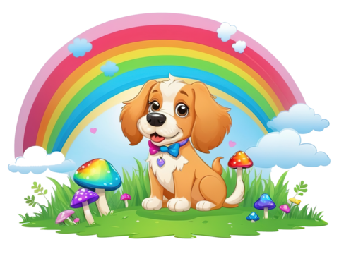 cartoon rainbow mushroom puppy illustration. Isolate background